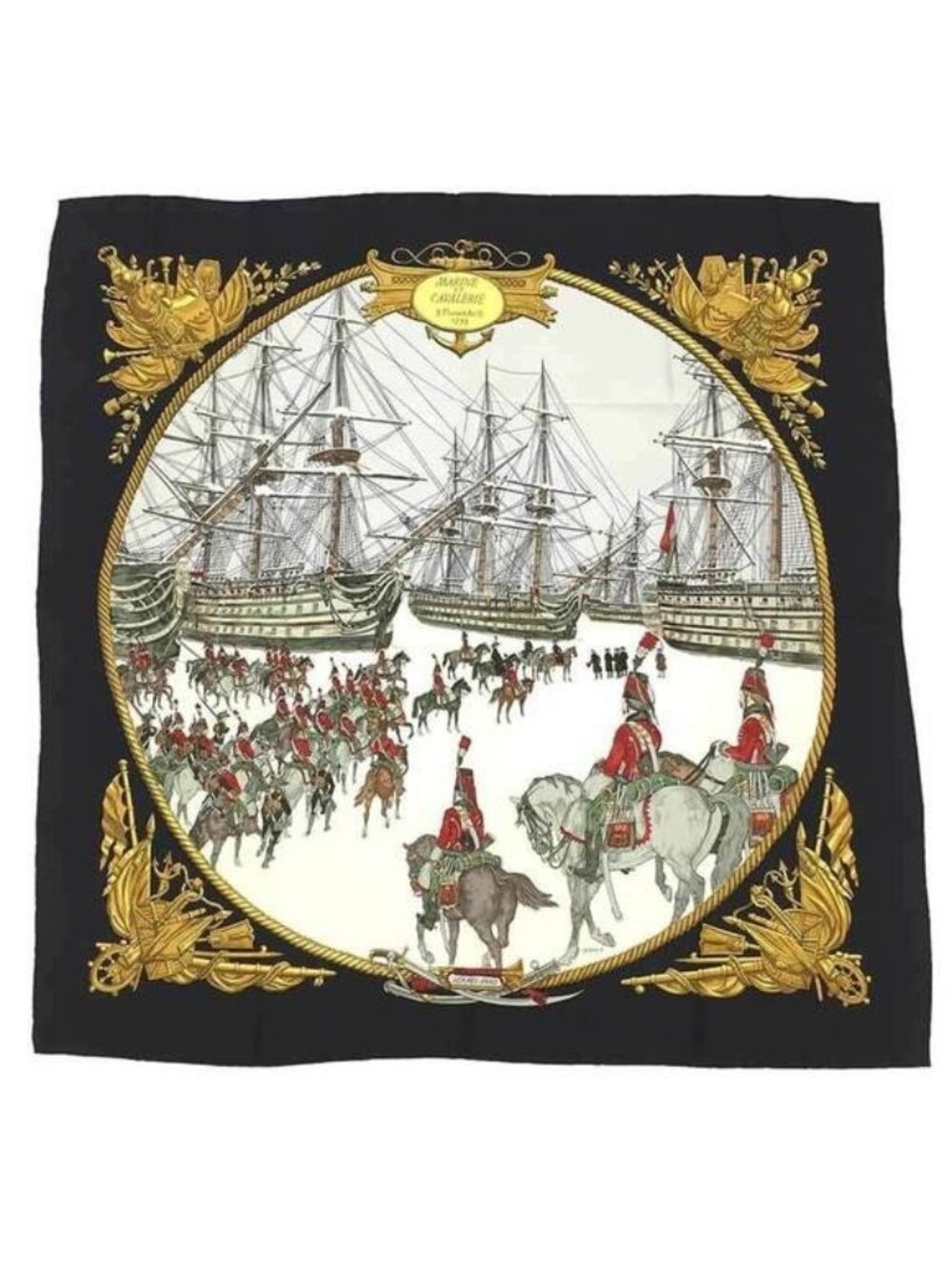 Hermes Carre 90 Marine Et Cavalerie Sea And Cavalry Large Scarf Black Multi
